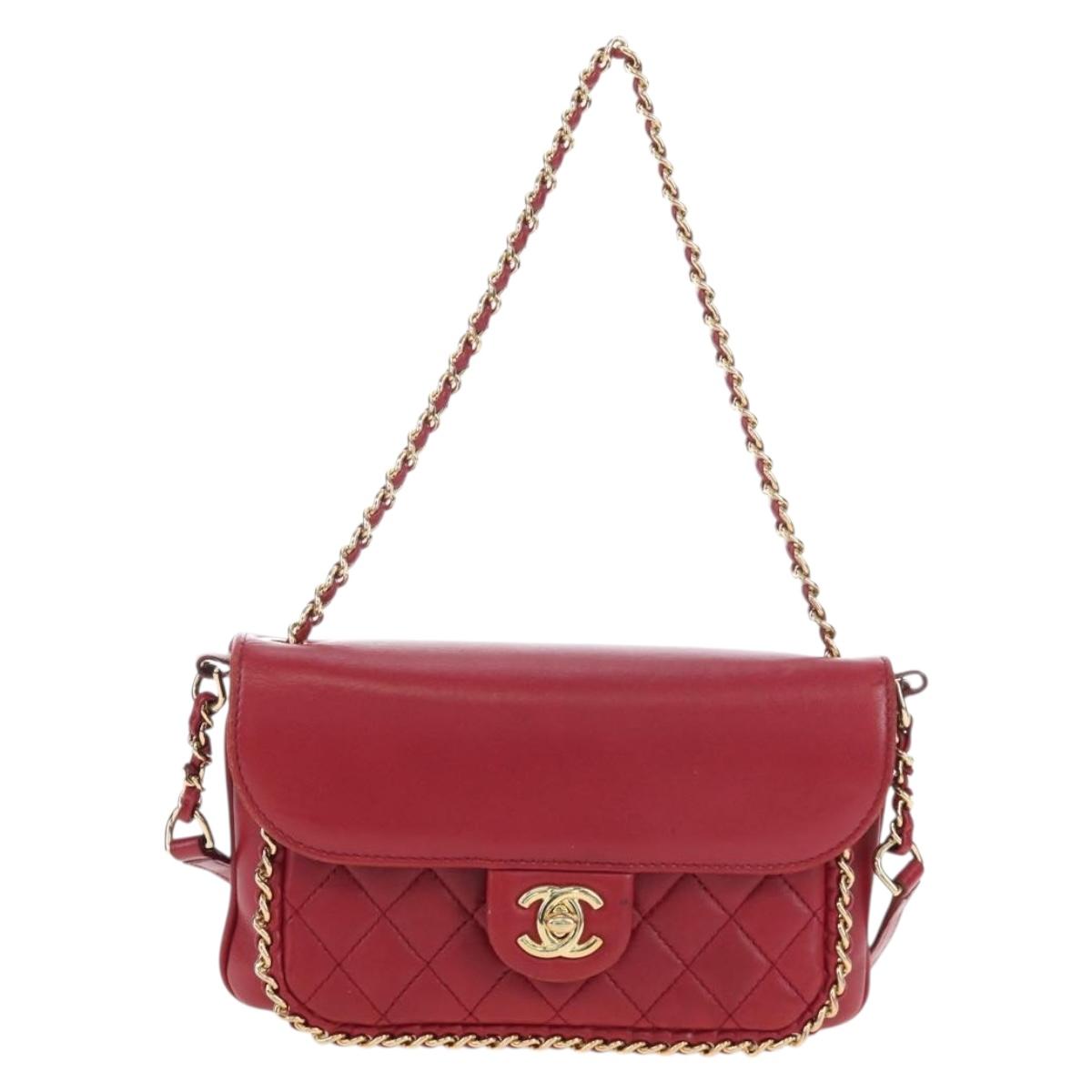 CHANEL Mini Matelasse 20 Chain Bag Lamb Skin 2way Red Gold CC Auth 196377M