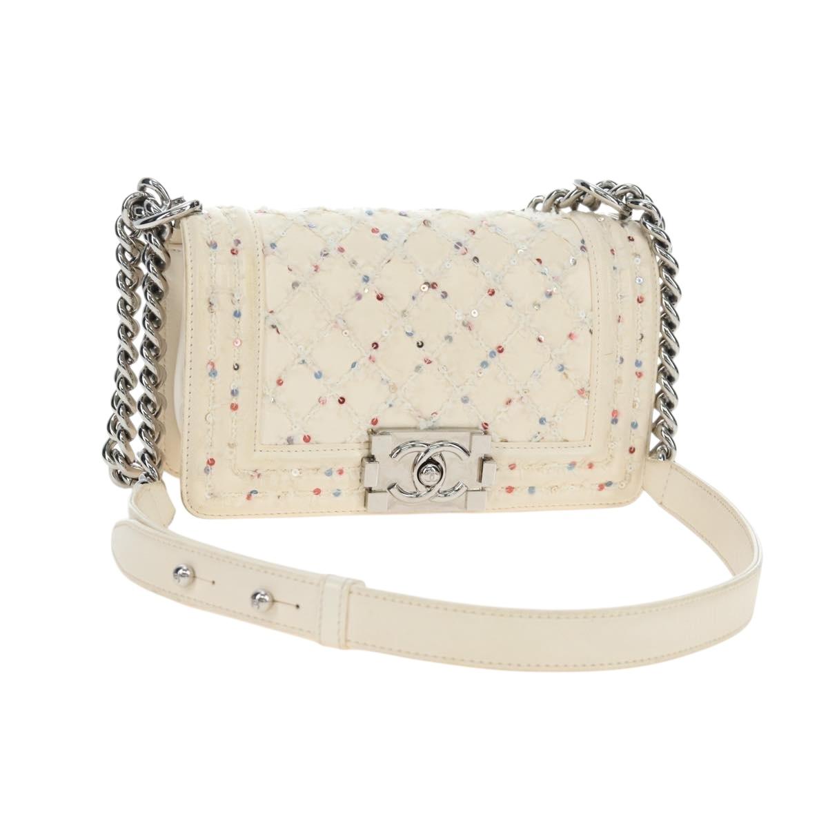 CHANEL Matelasse Boy Chanel Chain Bag Leather White Silver CC Auth 196378M