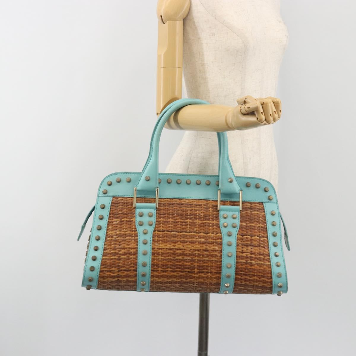 FENDI Hand Bag Raffia Mint Green Gold Auth 196379A