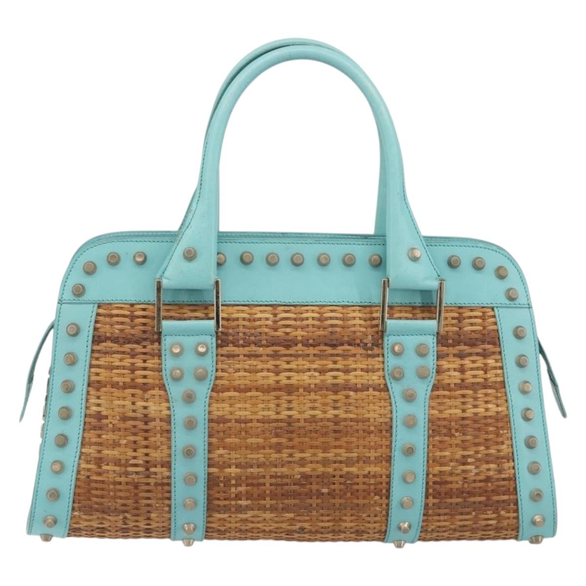 FENDI Hand Bag Raffia Mint Green Gold Auth 196379A