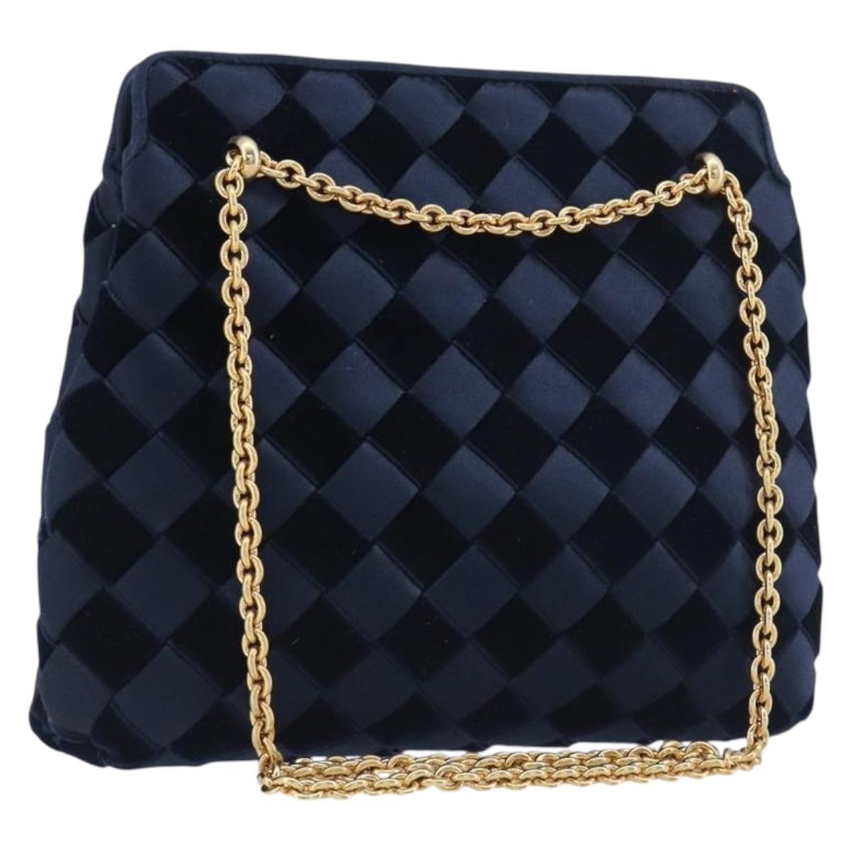 BOTTEGA VENETA INTRECCIATO Chain Bag Satin Velour Navy Gold Auth 196390A