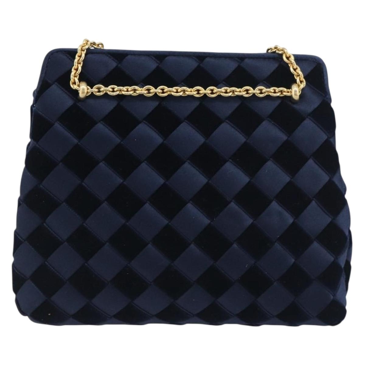 BOTTEGA VENETA INTRECCIATO Chain Bag Satin Velour Navy Gold Auth 196390A