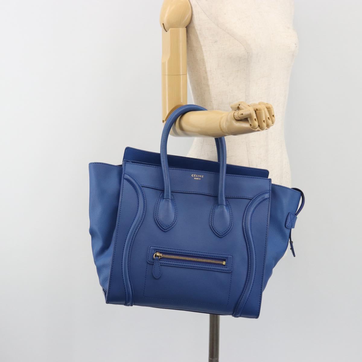 CELINE Luggage Mini Shopper Hand Bag Leather Blue Gold Tone Auth 196396A