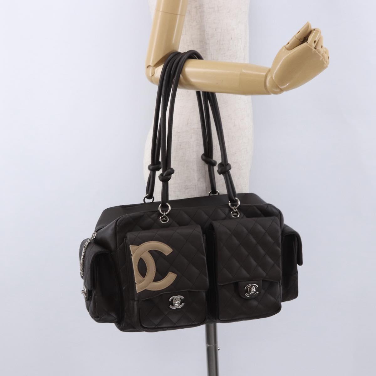 CHANEL Cambon Line Matelasse Hand Bag Leather Brown Silver CC Auth 196397SAV