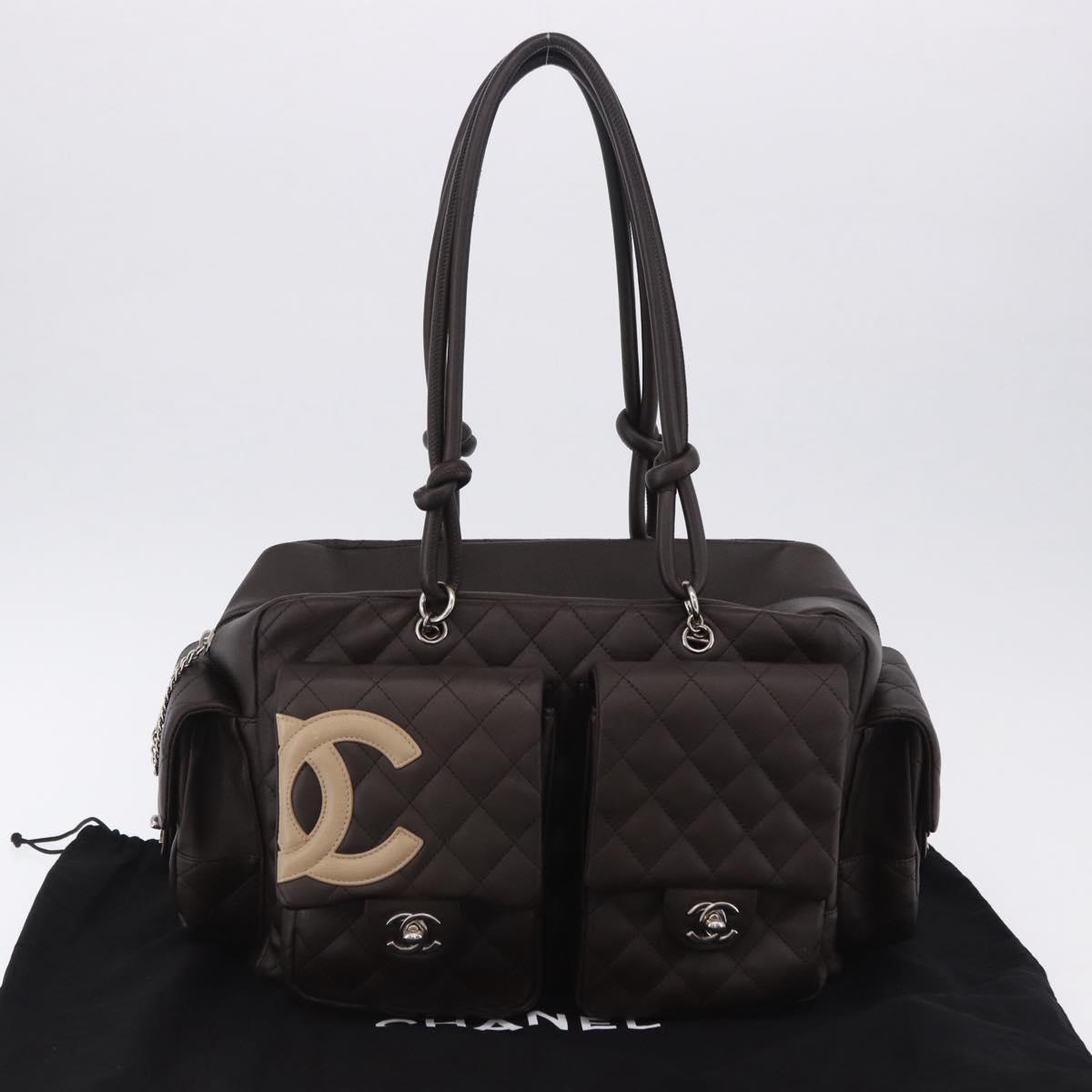 CHANEL Cambon Line Matelasse Hand Bag Leather Brown Silver CC Auth 196397SAV