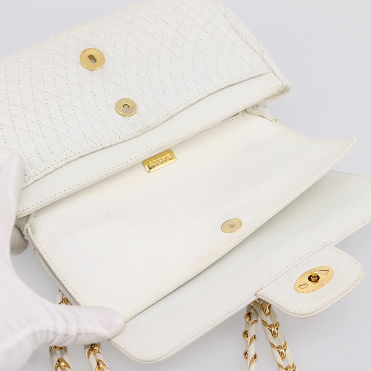 BALLY Chain Shoulder Bag Leather White Gold Tone Auth 196398