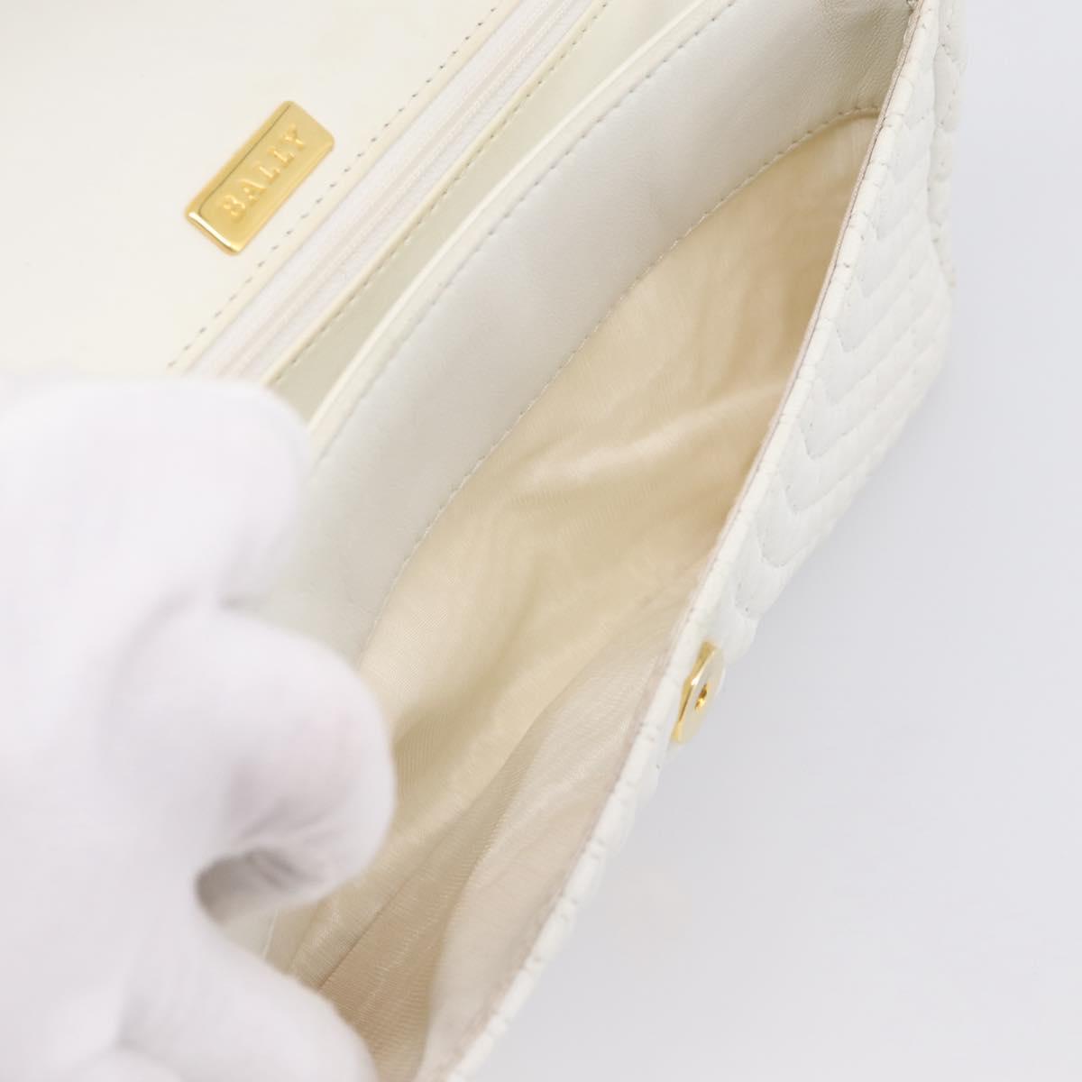 BALLY Chain Shoulder Bag Leather White Gold Tone Auth 196398