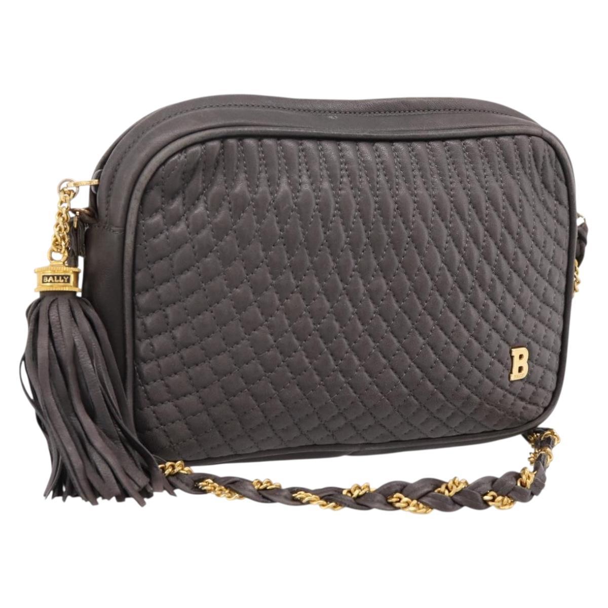 BALLY Chain Shoulder Bag Leather Gray Gold Tone Auth 196399A