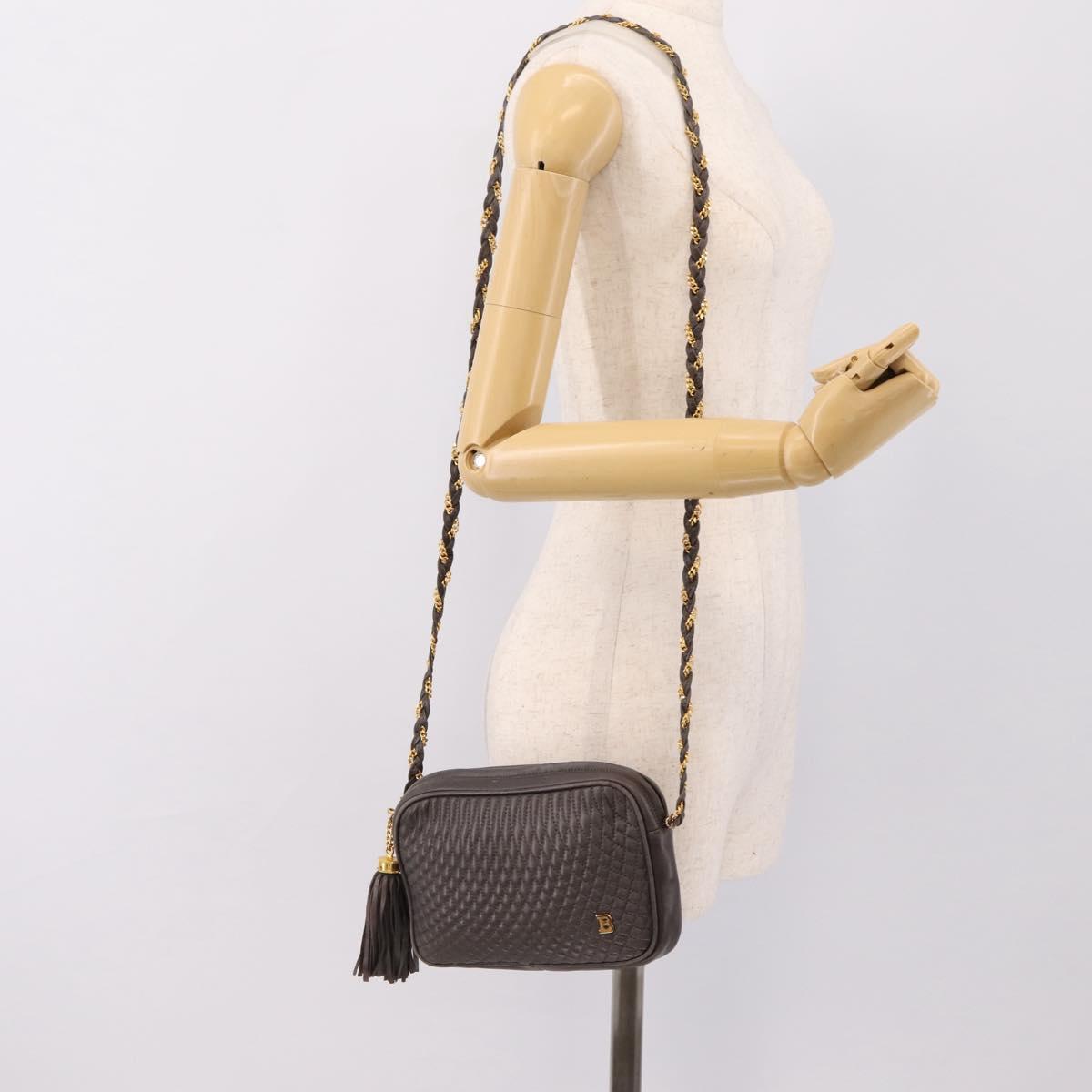 BALLY Chain Shoulder Bag Leather Gray Gold Tone Auth 196399A