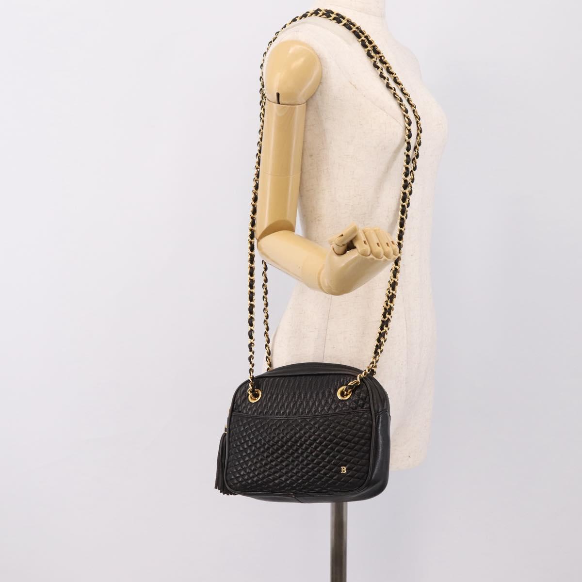 BALLY Chain Shoulder Bag Leather Black Gold Tone Auth 196400A