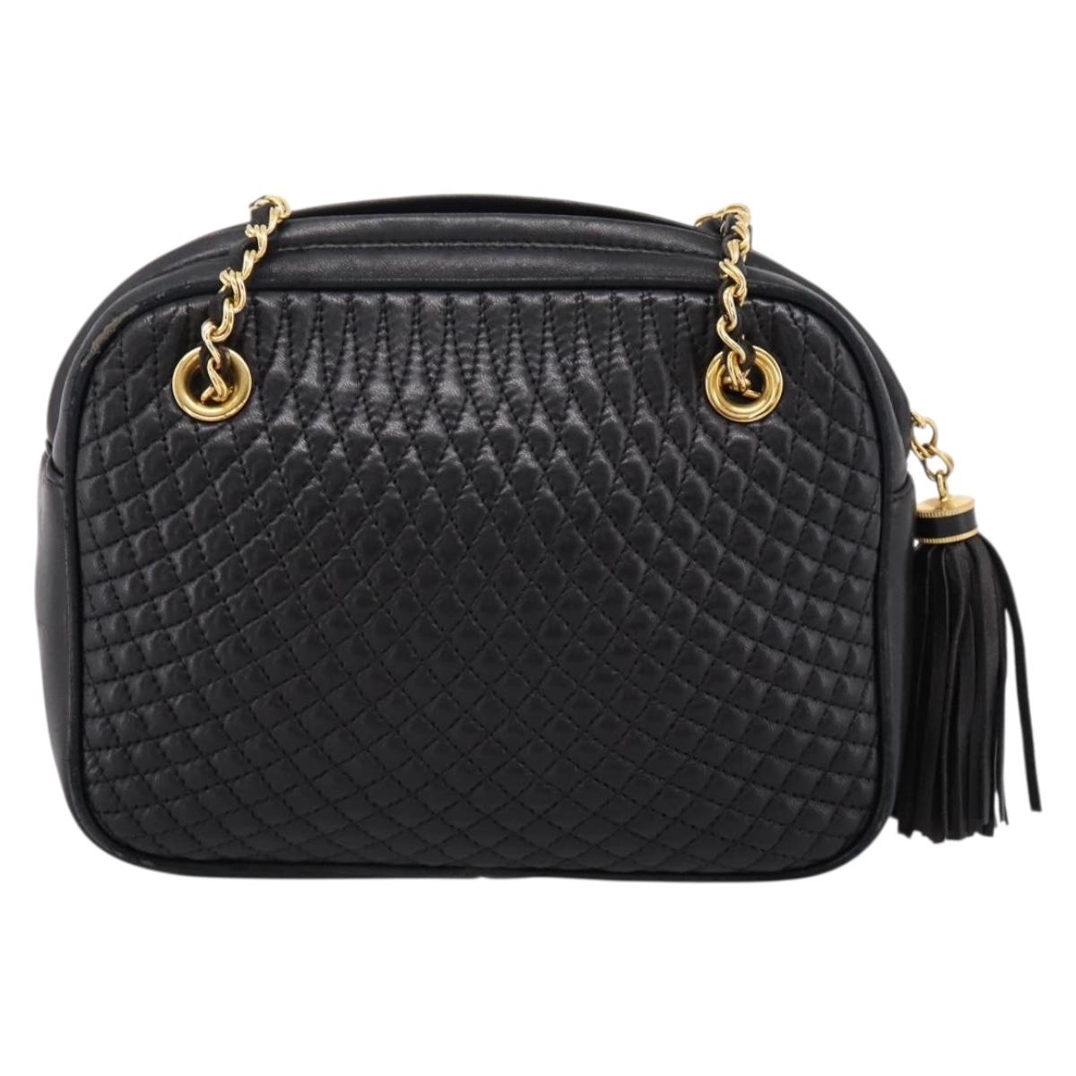 BALLY Chain Shoulder Bag Leather Black Gold Tone Auth 196400A