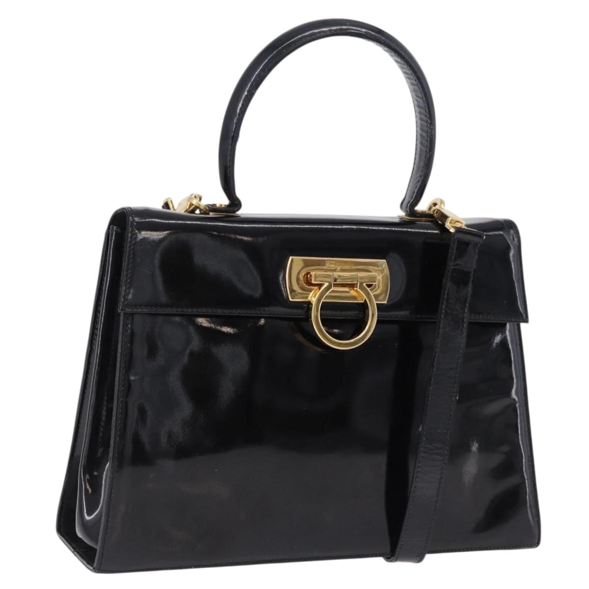 Salvatore Ferragamo Hand Bag Patent 2way Black Gold Tone Auth 196403