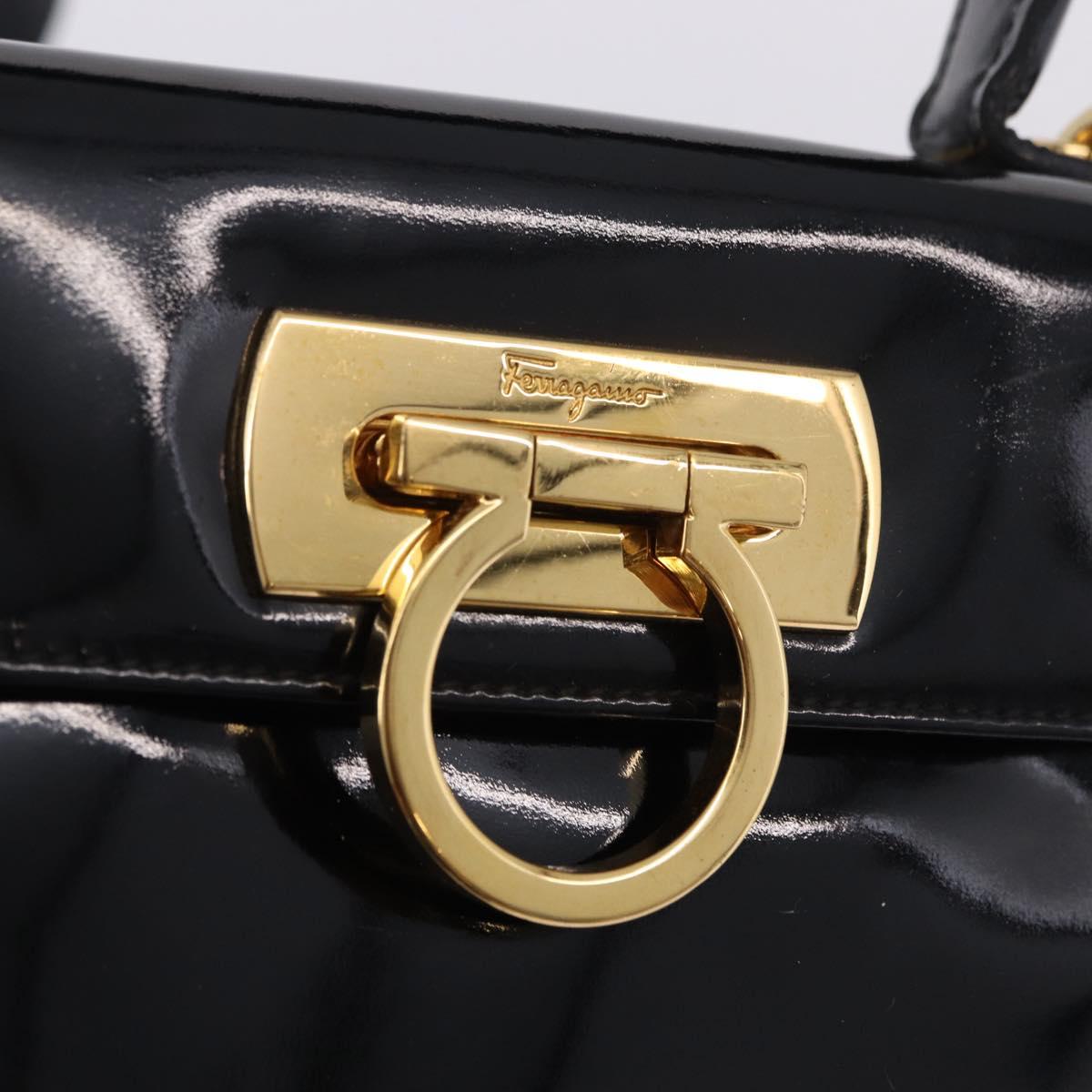 Salvatore Ferragamo Hand Bag Patent 2way Black Gold Tone Auth 196403