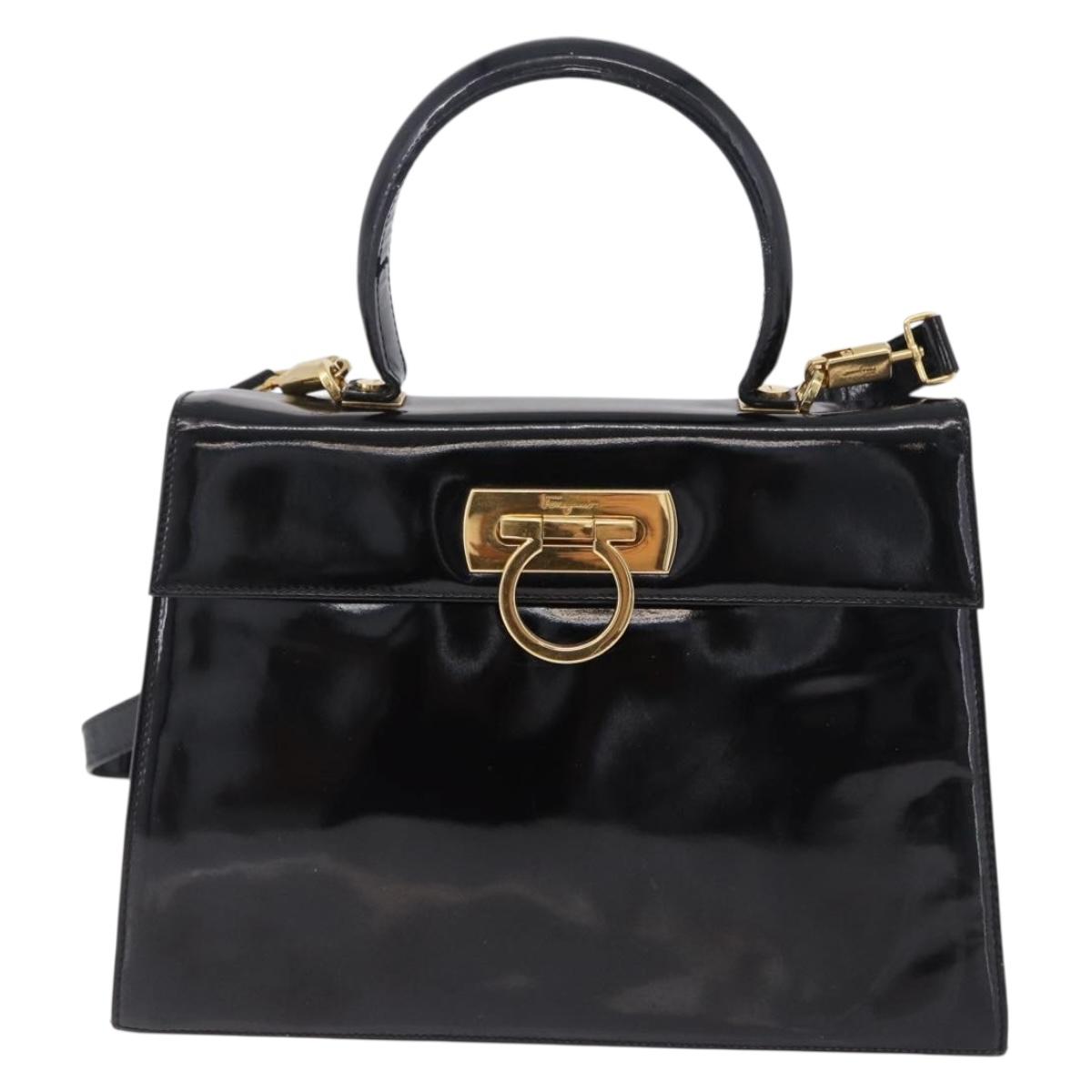 Salvatore Ferragamo Hand Bag Patent 2way Black Gold Tone Auth 196403