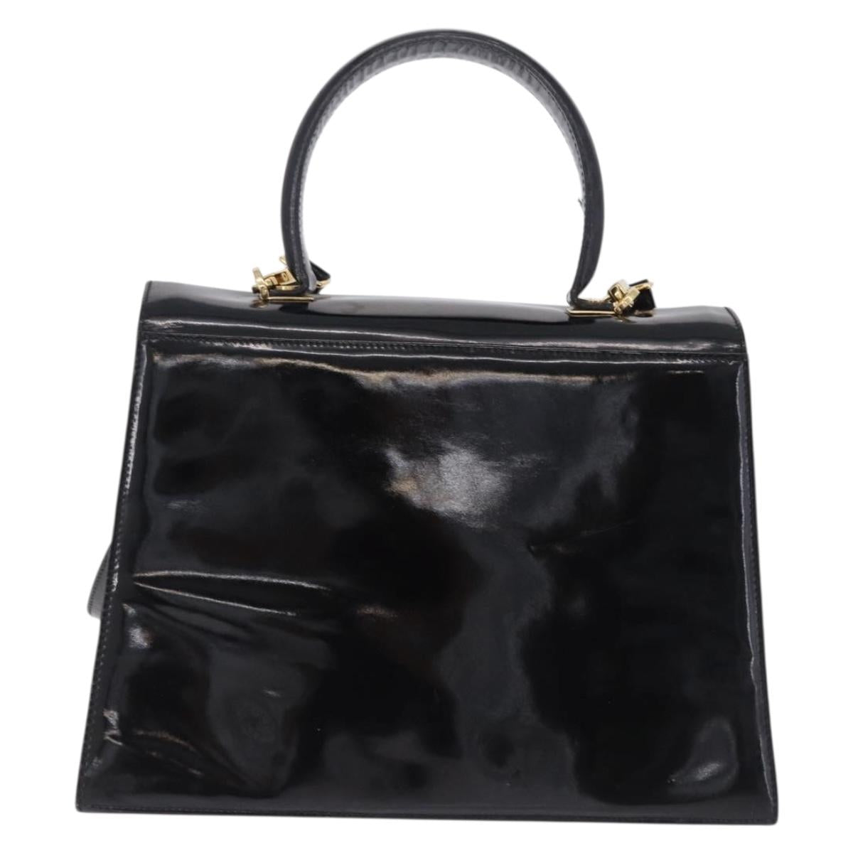 Salvatore Ferragamo Hand Bag Patent 2way Black Gold Tone Auth 196403