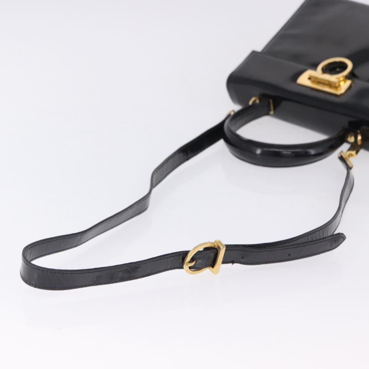 Salvatore Ferragamo Hand Bag Patent 2way Black Gold Tone Auth 196403