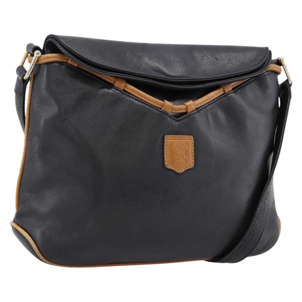 CELINE Shoulder Bag Leather Black Gold Tone Auth 196412