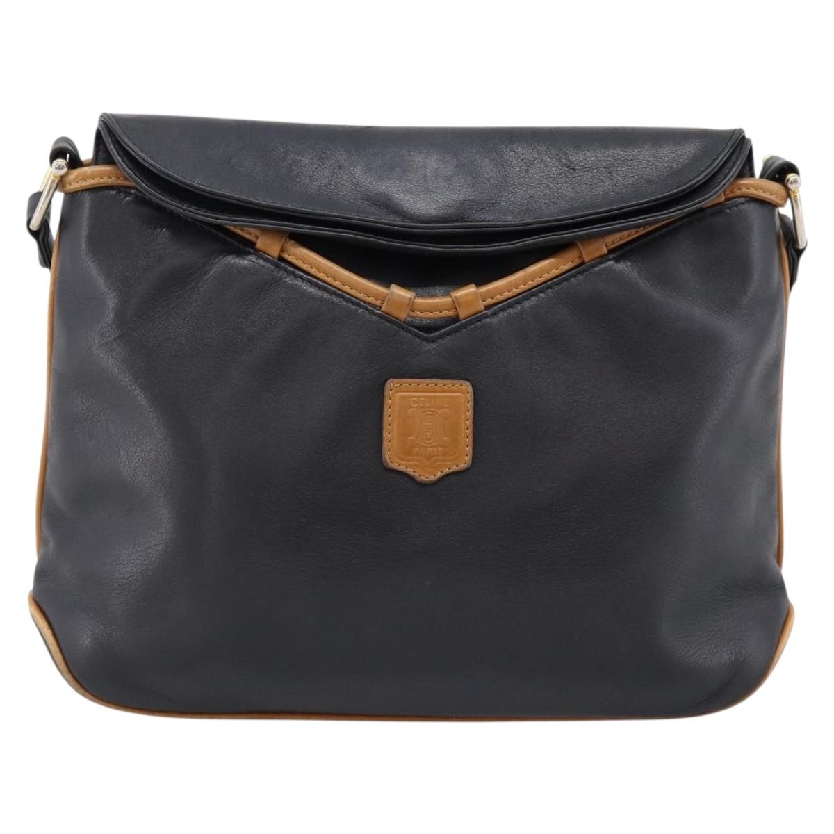 CELINE Shoulder Bag Leather Black Gold Tone Auth 196412