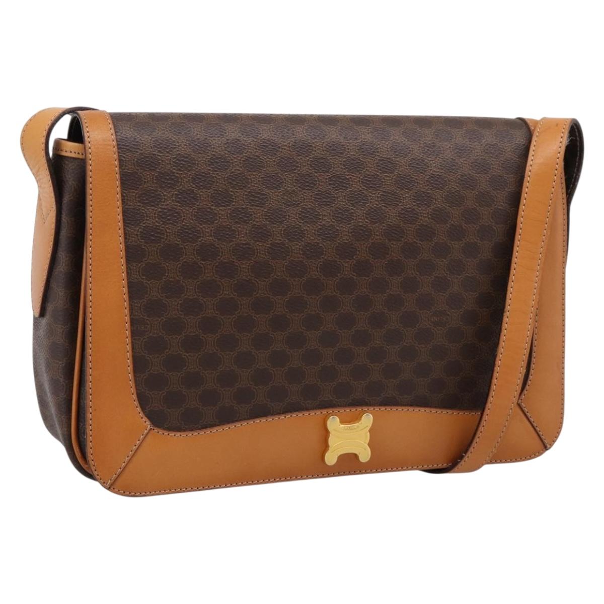 CELINE Macadam Shoulder Bag PVC Leather Brown Gold Tone Auth 196413