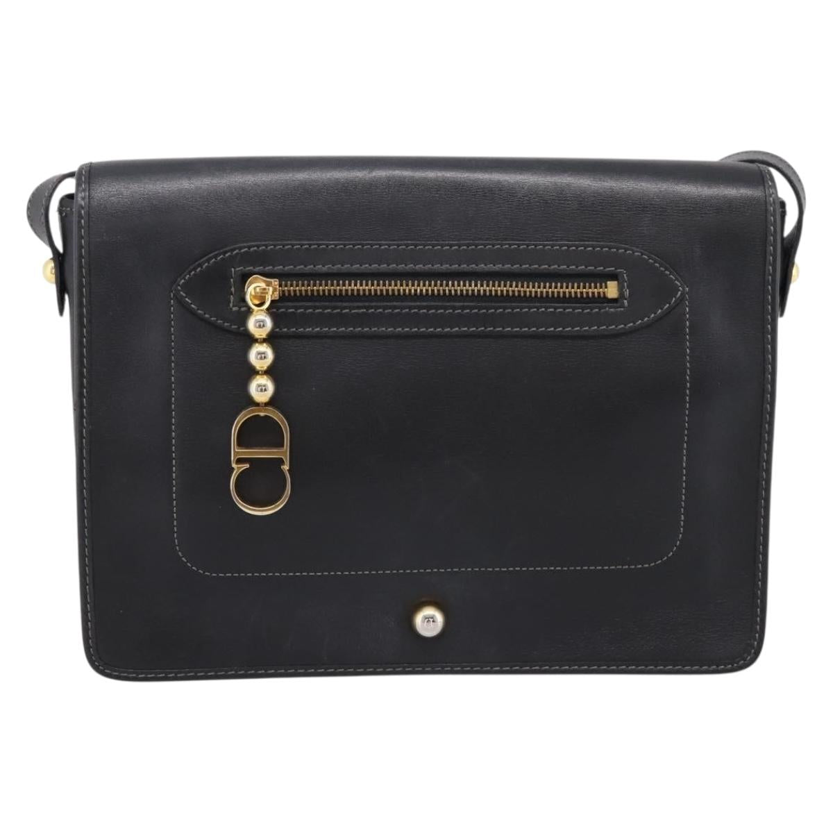 Christian Dior Shoulder Bag Leather Black Gold Tone Auth 196415