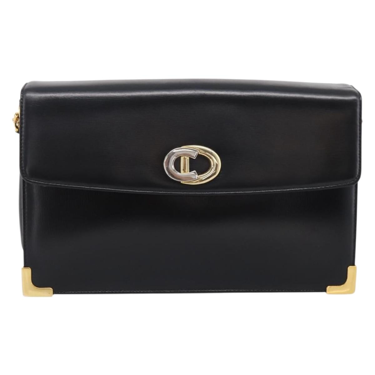 Christian Dior Shoulder Bag Leather Calf Skin Black Gold Tone Auth 196419A