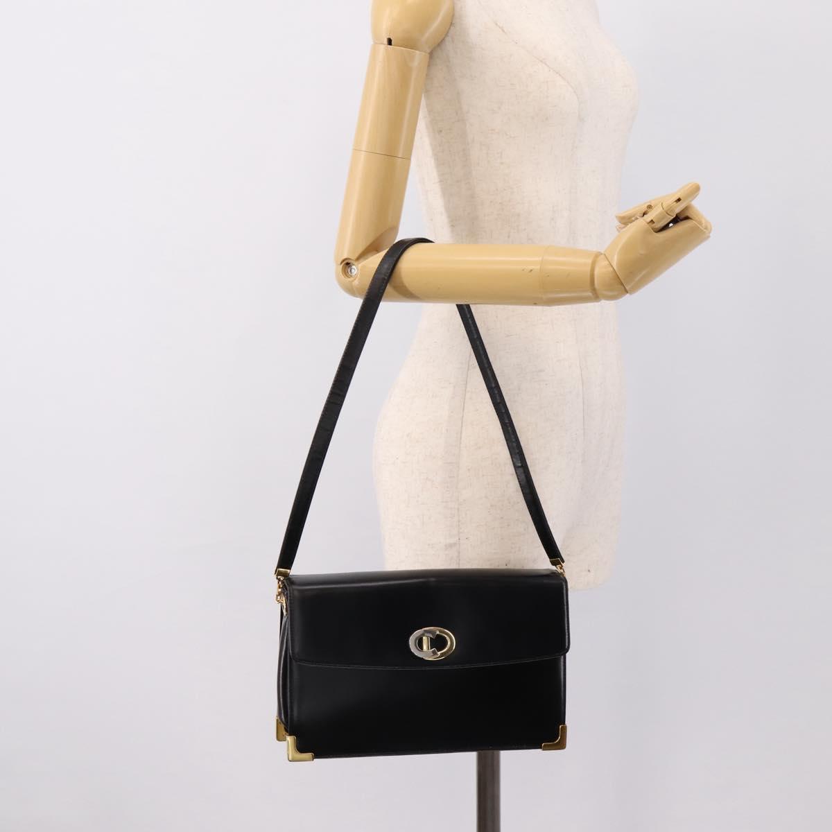 Christian Dior Shoulder Bag Leather Calf Skin Black Gold Tone Auth 196419A