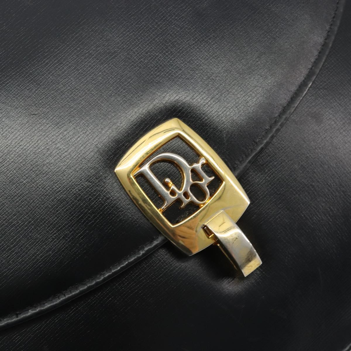 Christian Dior Calf Skin Hand Bag Leather Black Gold Tone Auth 196420