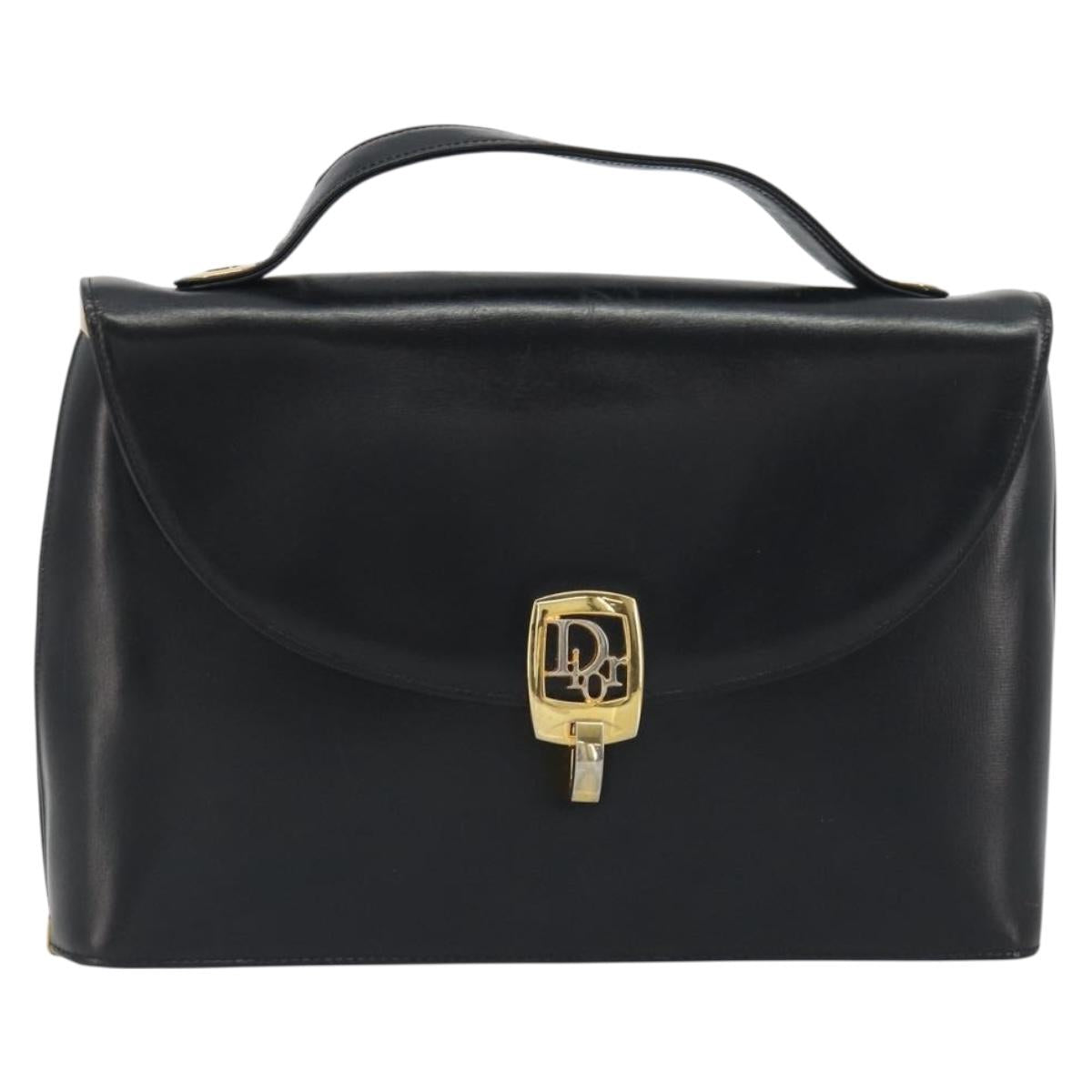 Christian Dior Calf Skin Hand Bag Leather Black Gold Tone Auth 196420