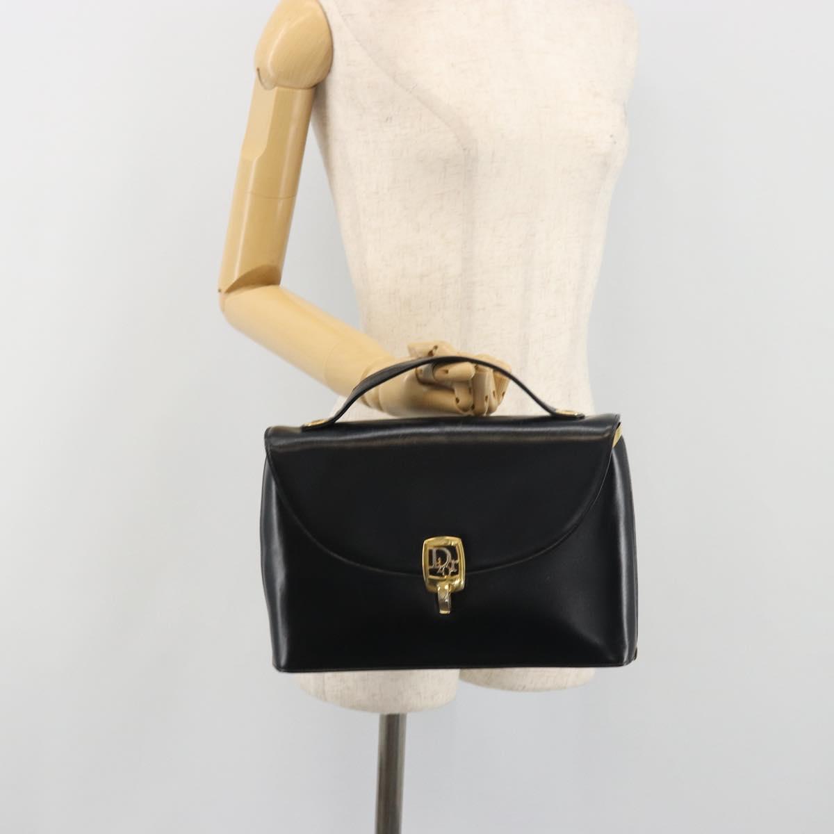 Christian Dior Calf Skin Hand Bag Leather Black Gold Tone Auth 196420