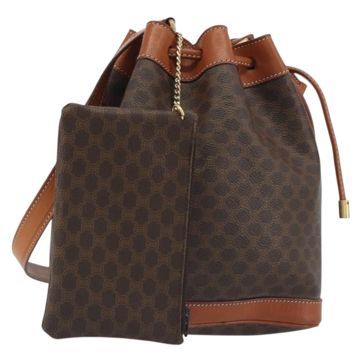 CELINE Macadam Shoulder Bag PVC Leather Brown Gold Tone Auth 196423A