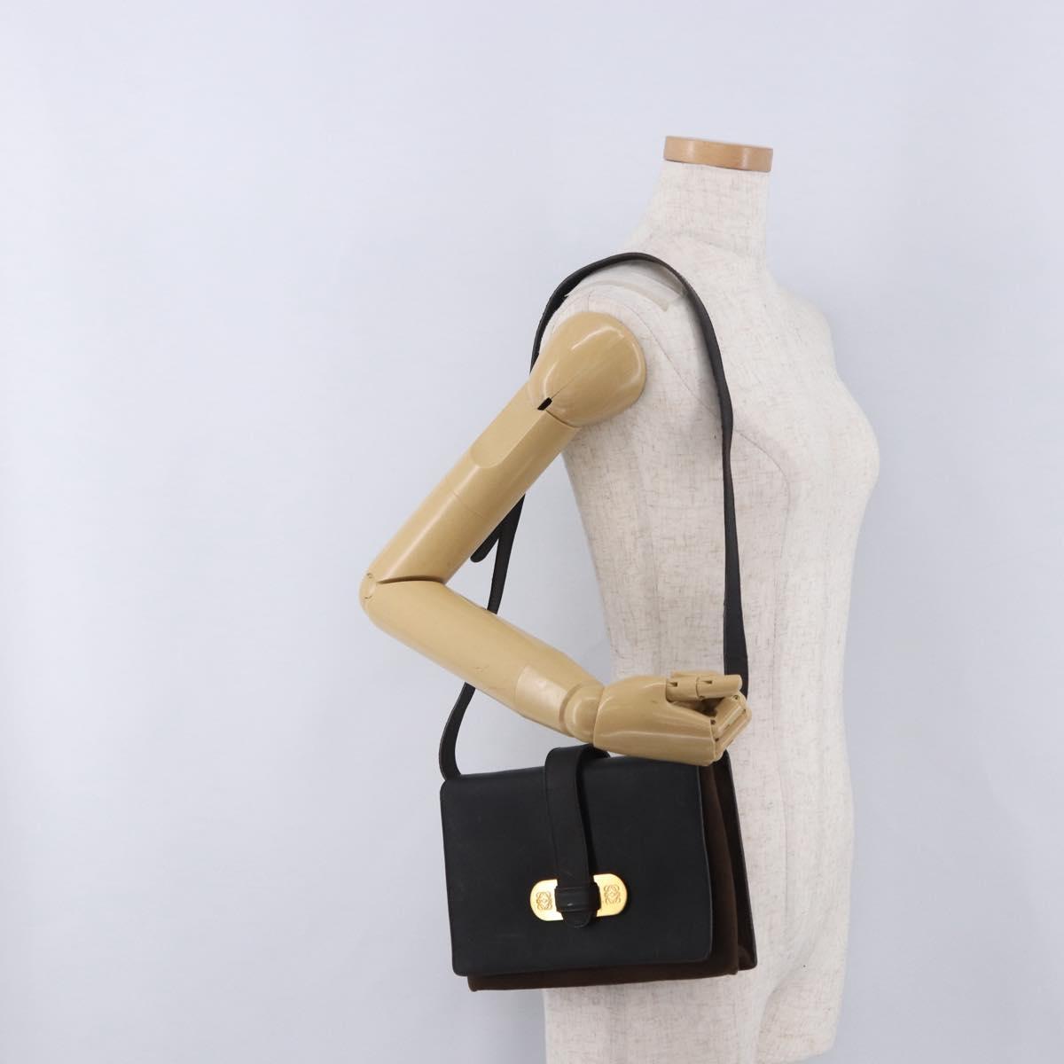 LOEWE Shoulder Bag Suede Dark Brown Gold Tone Auth 196425A