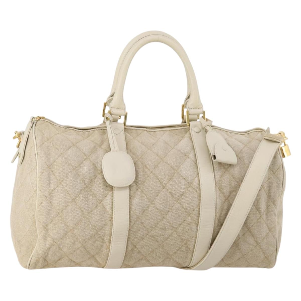 CHANEL Matelasse Boston Bag Canvas 2way Beige Gold Tone CC Auth 196428A