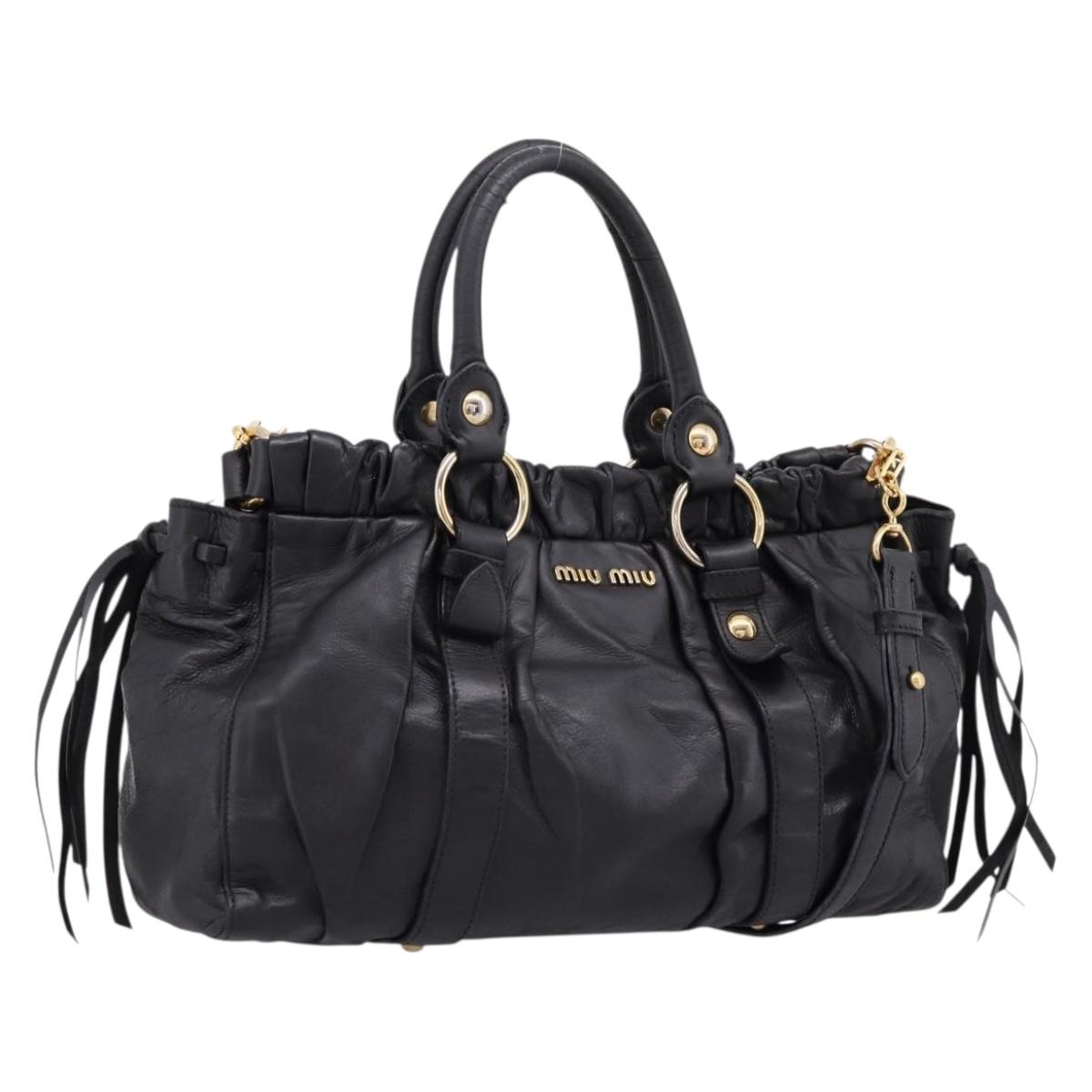 Miu Miu Vitellolux Hand Bag Leather 2way Black Gold Tone Auth 196431