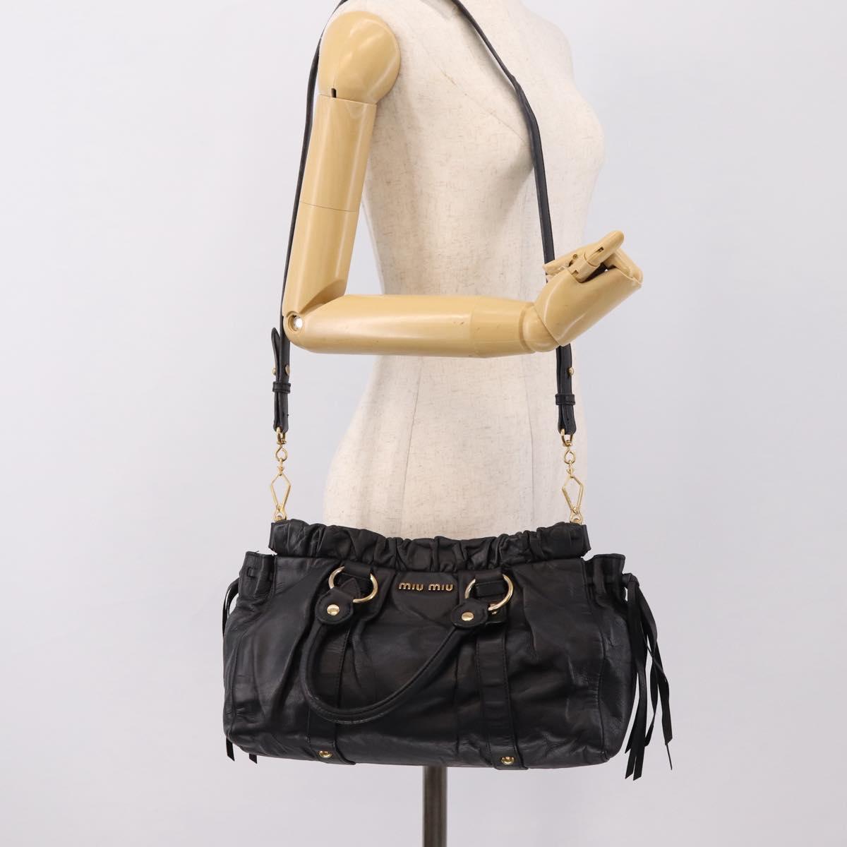 Miu Miu Vitellolux Hand Bag Leather 2way Black Gold Tone Auth 196431
