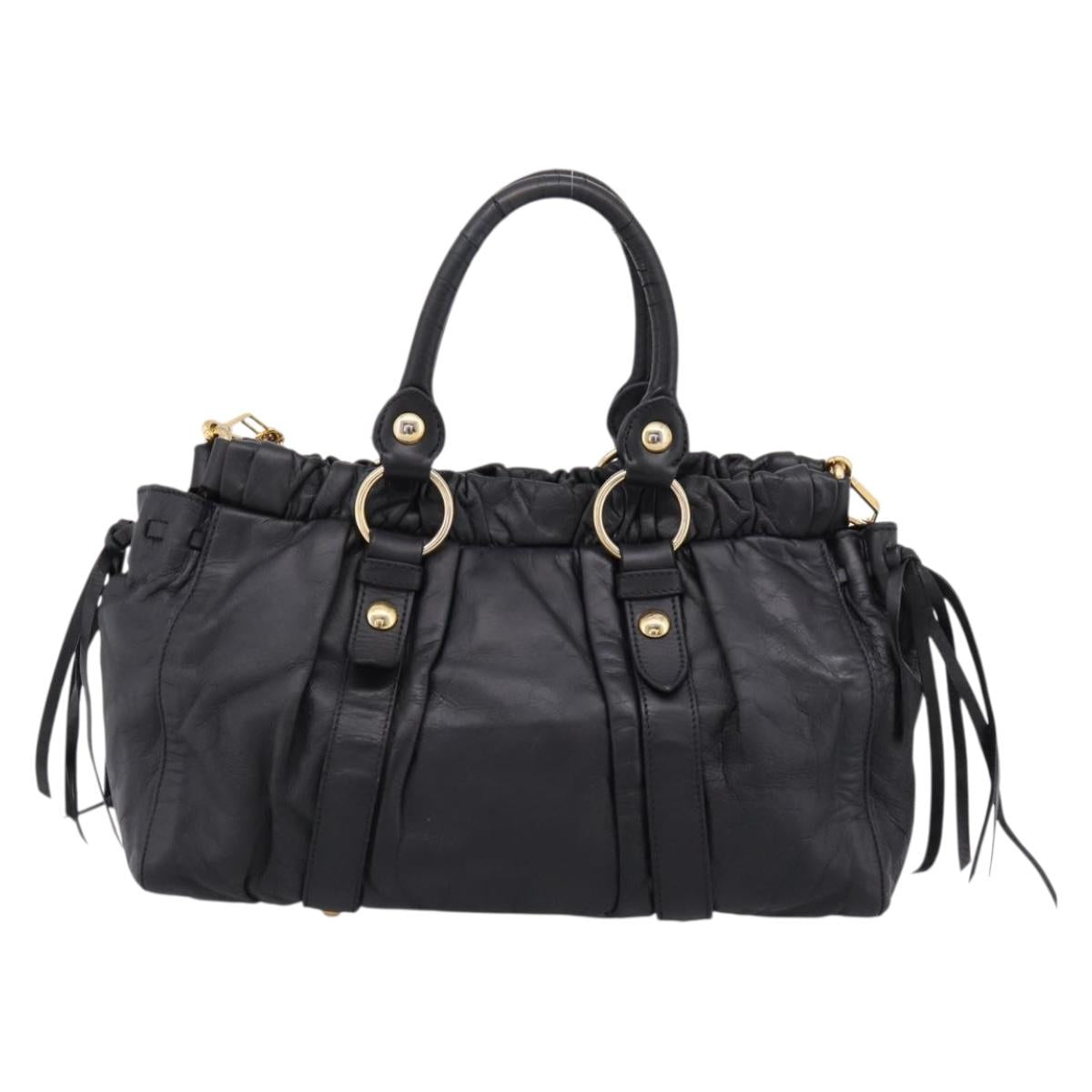 Miu Miu Vitellolux Hand Bag Leather 2way Black Gold Tone Auth 196431