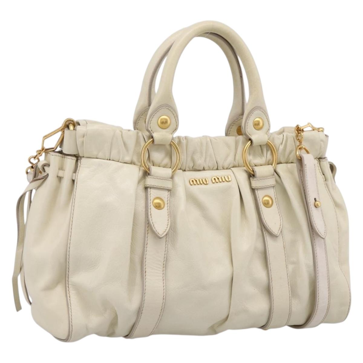 Miu Miu Vitellolux Hand Bag Leather 2way Ivory Gold Tone Auth 196439A