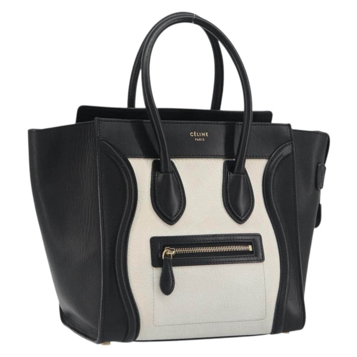 CELINE Luggage Micro Shopper Hand Bag Leather White Gold Tone Auth 196440A