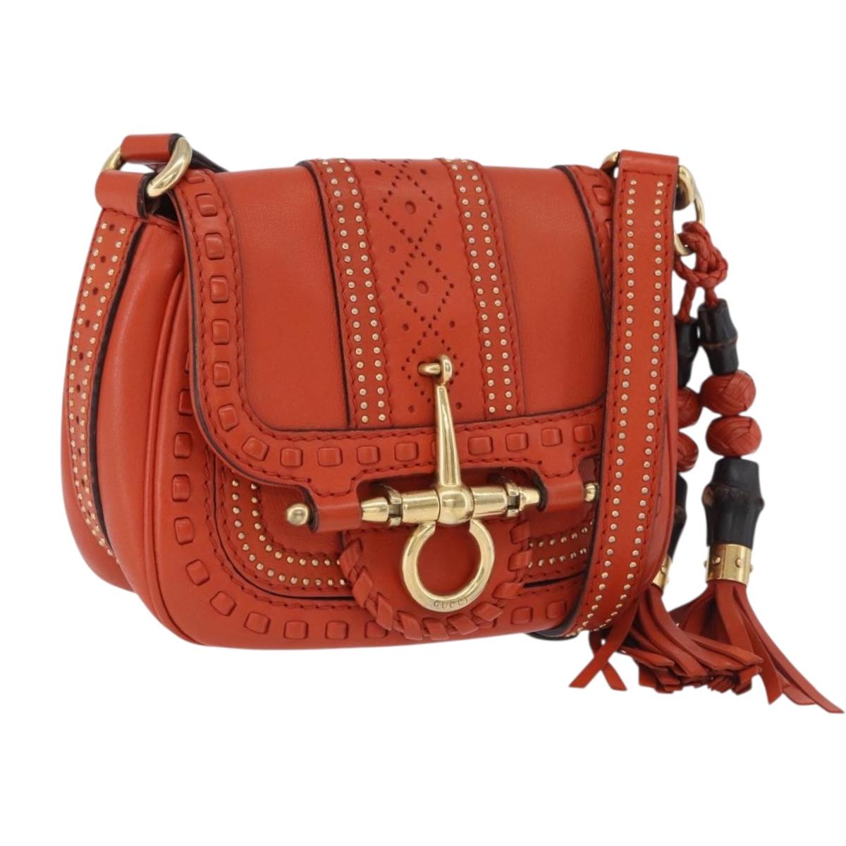 GUCCI Bamboo Snuffle Bit Tassel Shoulder Bag Leather Orange 263956 Auth 196442A