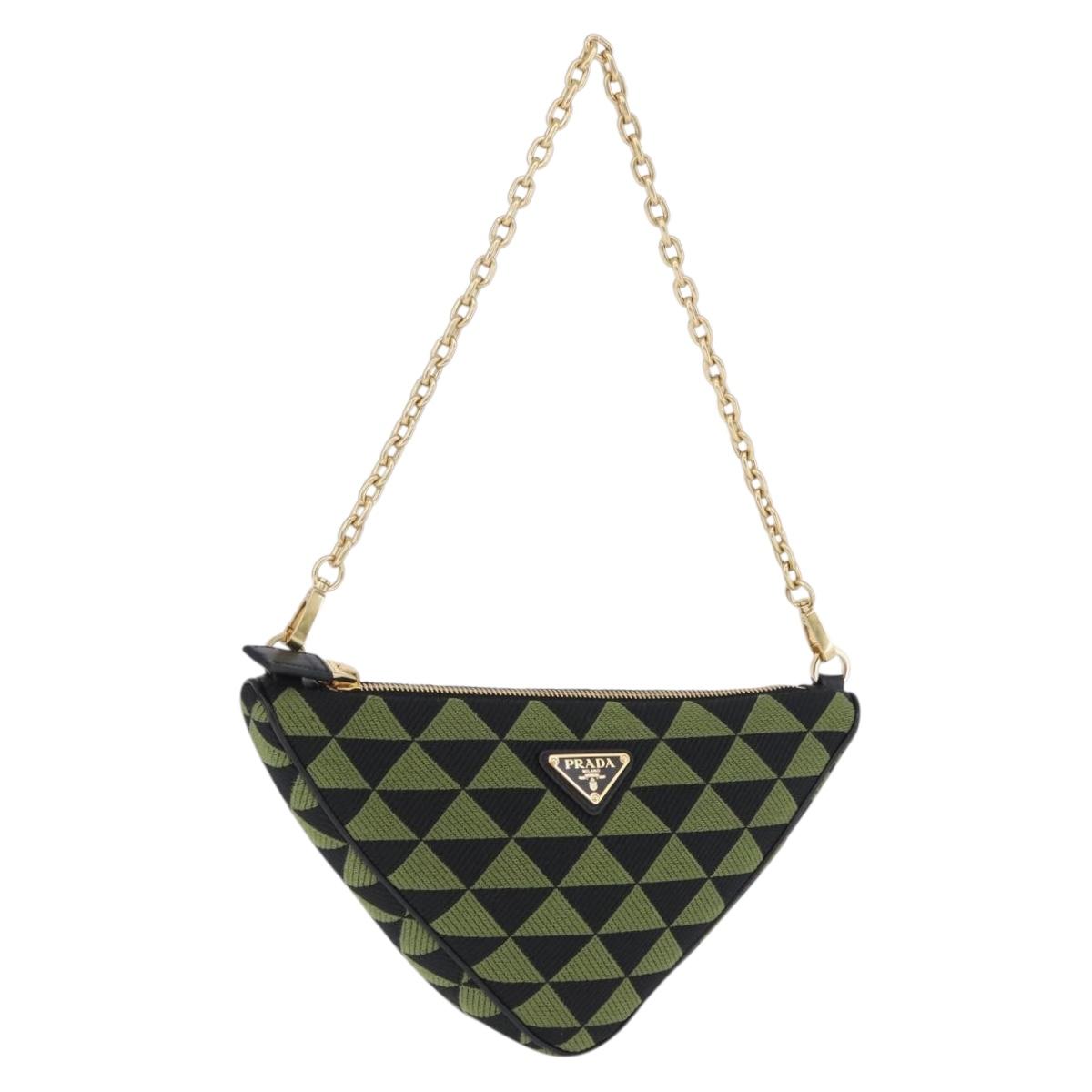 PRADA Chain Triangle Shoulder Bag Canvas Green Gold Auth 196445M
