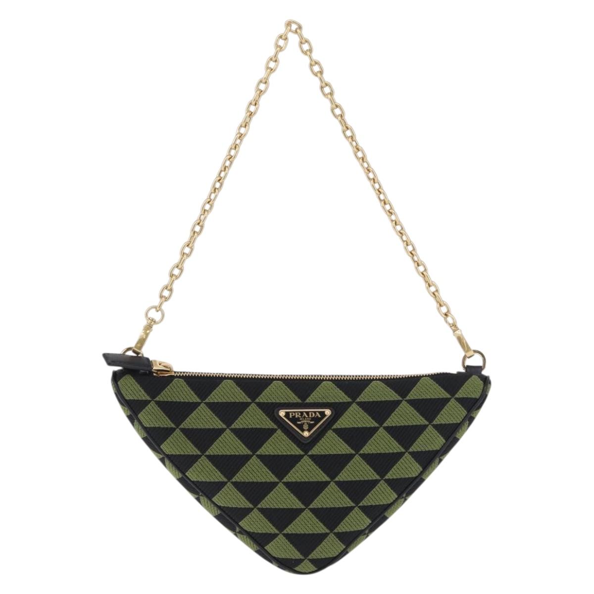 PRADA Chain Triangle Shoulder Bag Canvas Green Gold Auth 196445M