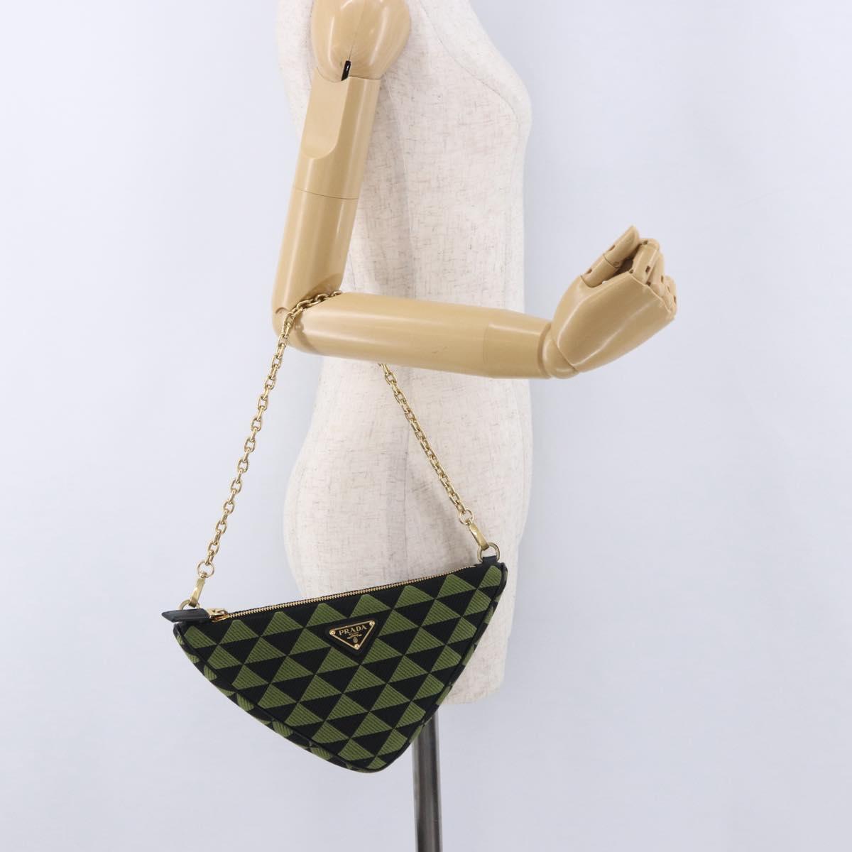 PRADA Chain Triangle Shoulder Bag Canvas Green Gold Auth 196445M