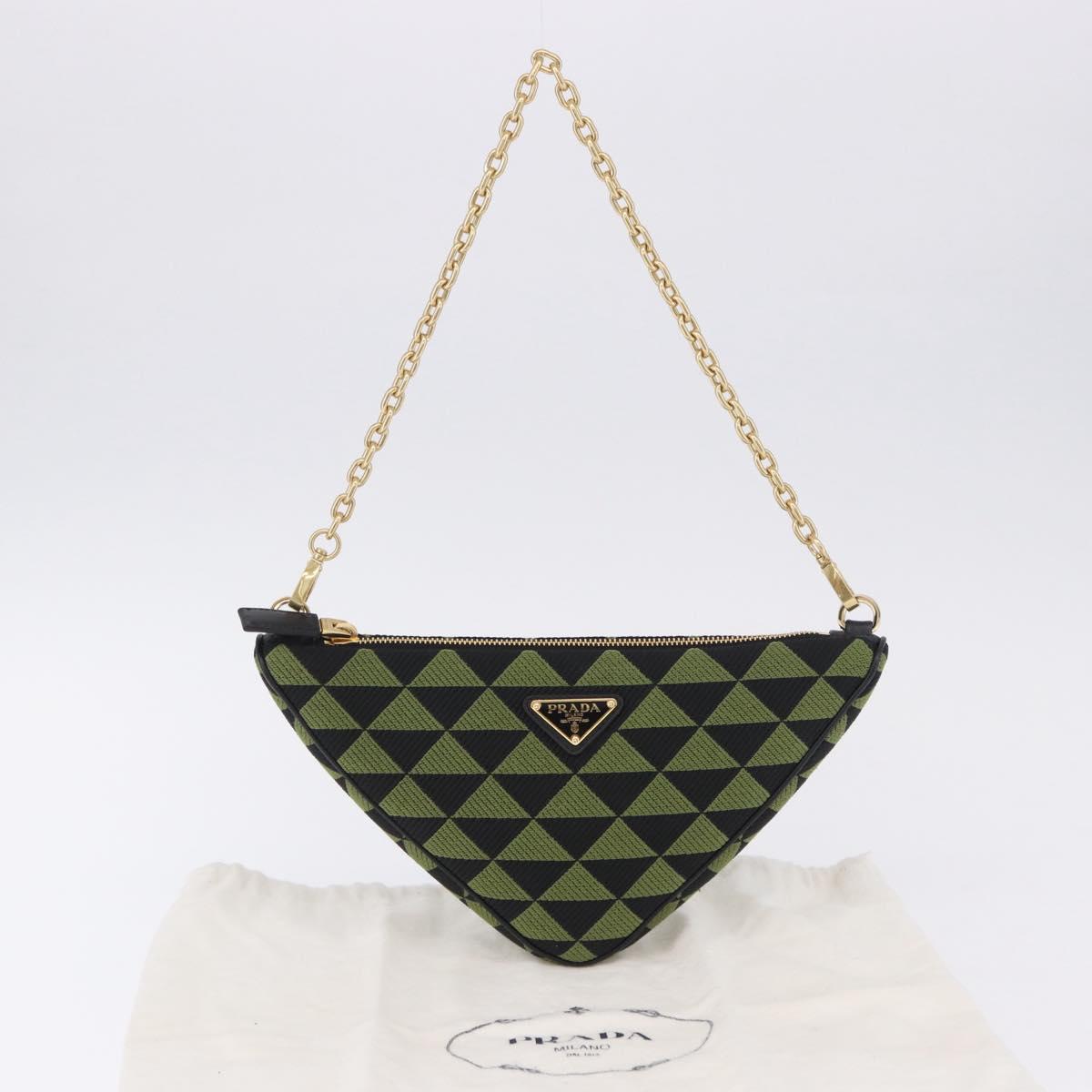 PRADA Chain Triangle Shoulder Bag Canvas Green Gold Auth 196445M