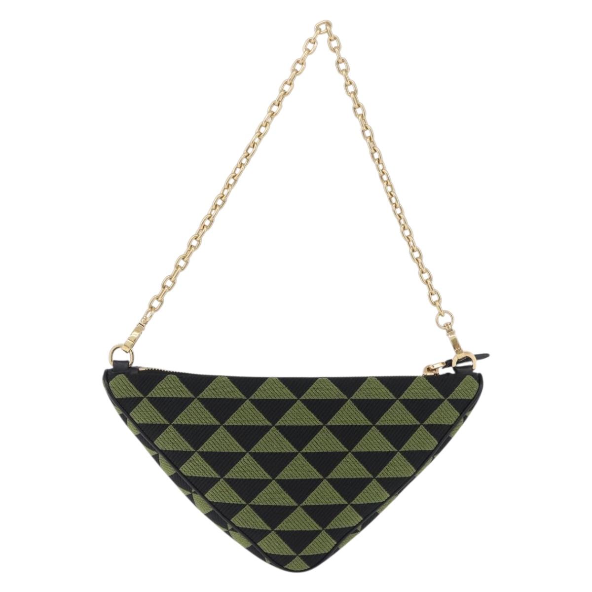 PRADA Chain Triangle Shoulder Bag Canvas Green Gold Auth 196445M