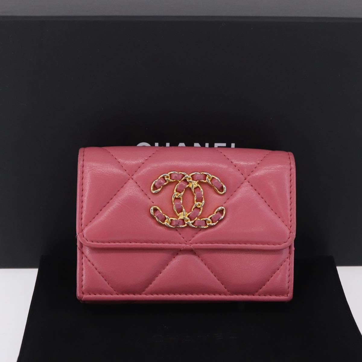 CHANEL Chanel 19 Matelasse Small Flap Wallet Leather Pink Gold CC Auth 196453V