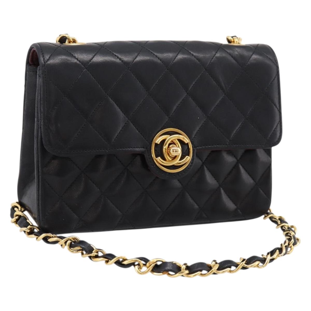 CHANEL Mini Matelasse 17 Chain Bag Lamb Skin Black Gold CC Auth 196466SAV