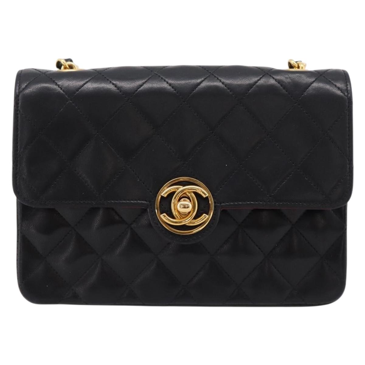 CHANEL Mini Matelasse 17 Chain Bag Lamb Skin Black Gold CC Auth 196466SAV