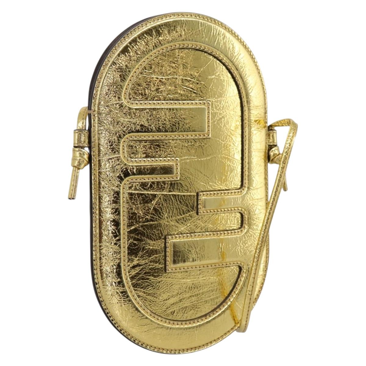 FENDI Olock Phone Holder Shoulder Pouch Leather Gold Auth 196474A
