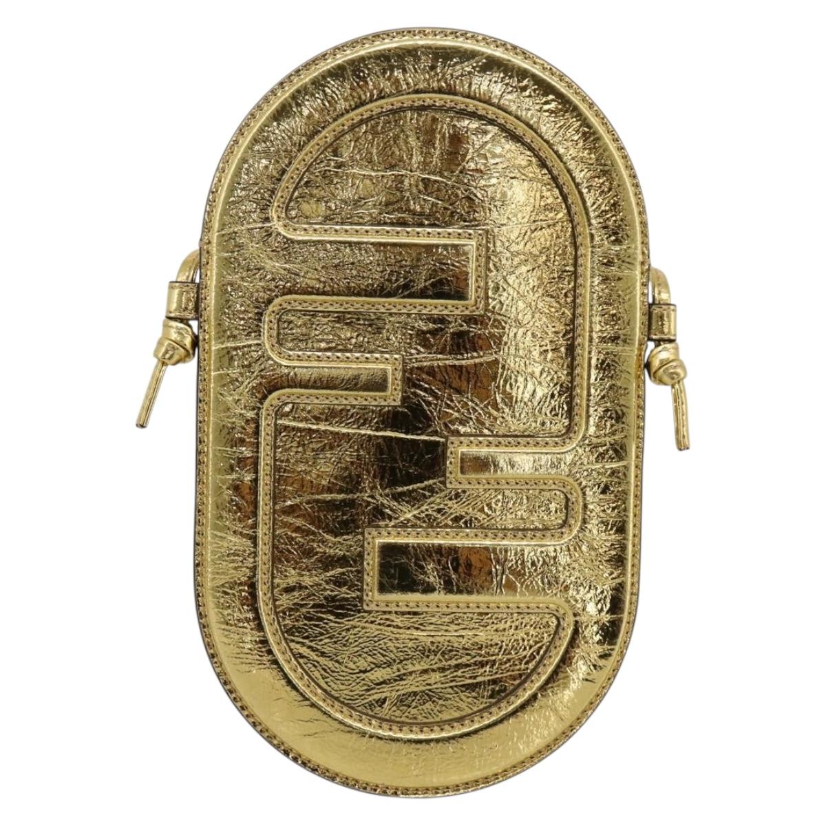 FENDI Olock Phone Holder Shoulder Pouch Leather Gold Auth 196474A