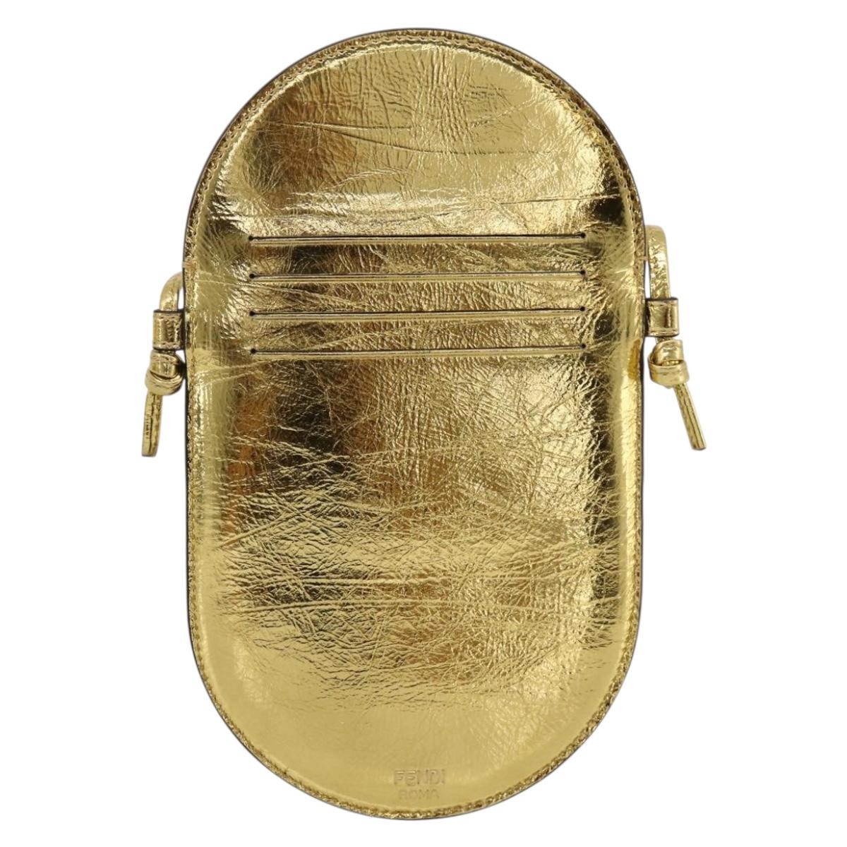 FENDI Olock Phone Holder Shoulder Pouch Leather Gold Auth 196474A
