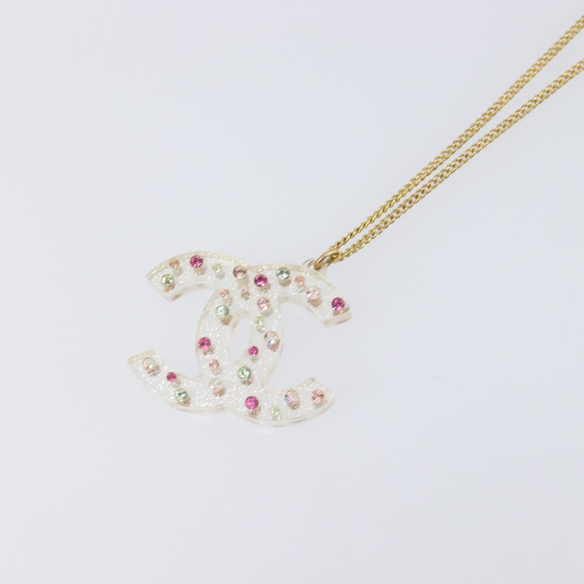 CHANEL COCO Mark Necklace Metal Clear Multicolor CC Auth 196490